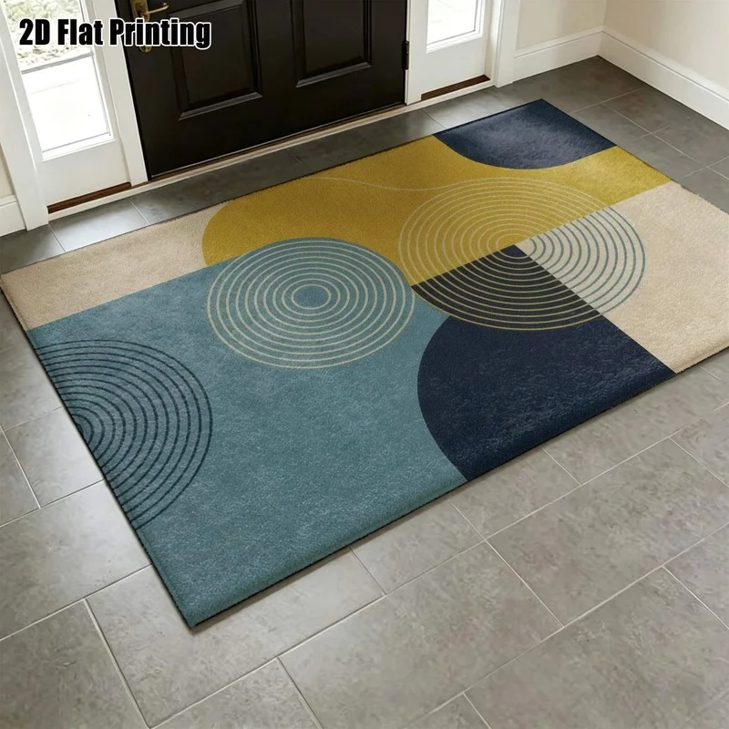 Large Indoor Area Rug, Soft Velvet Low Pile Machine Washable, Mid-Century Geometric Circle Pattern in Navy, Mustard, Light Blue & Cream, Ideal for Living Room, Bedroom, Home Office Floor Accent