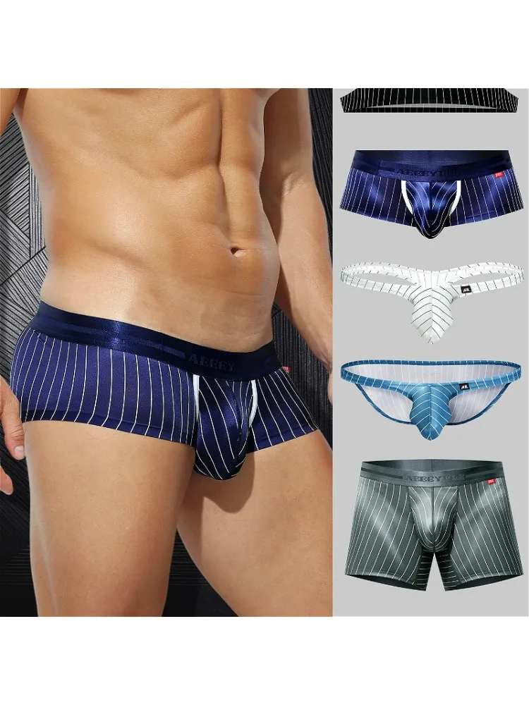 Gestreifte Seidige Herren-Boxershorts Sexy U-Pouch-Shorts Männer-Unterwäsche Schwimm-Slips Jungen-Unterhosen Erotische Herren-Tangas Unterwäsche