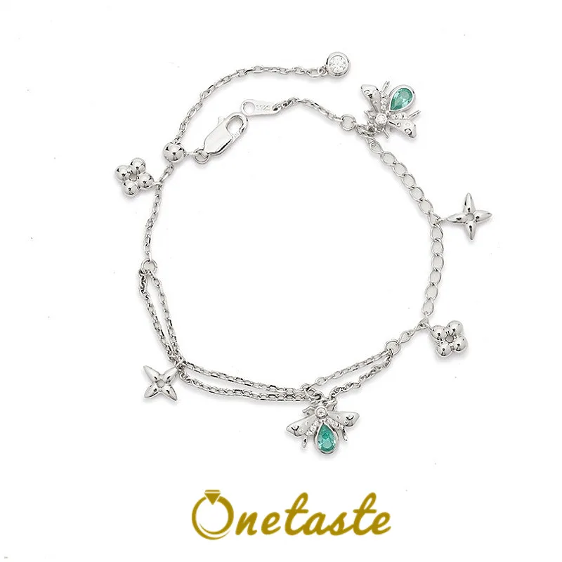 

925 Серебро Полированный Турмалин Цирконий Пчела Звезда Мульти Подвески Браслеты Женщины Изящный Модный Браслет-Цепочка 19 см
