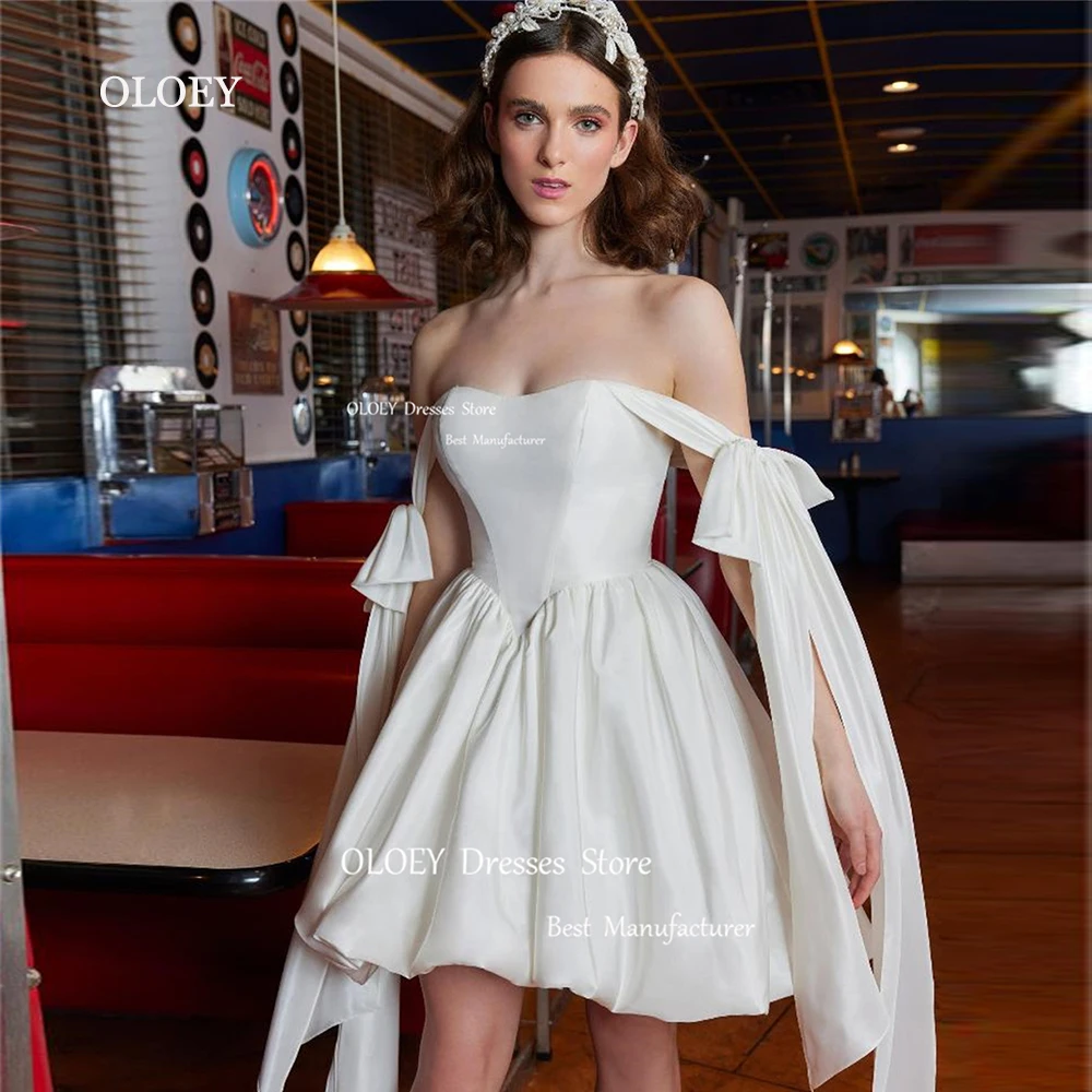 

OLOEY Ivory Mini Wedding Dresses Removable Sleeves Summer Formal Gowns Sweetheart Pleated Satin Robe de mariage Custom Made