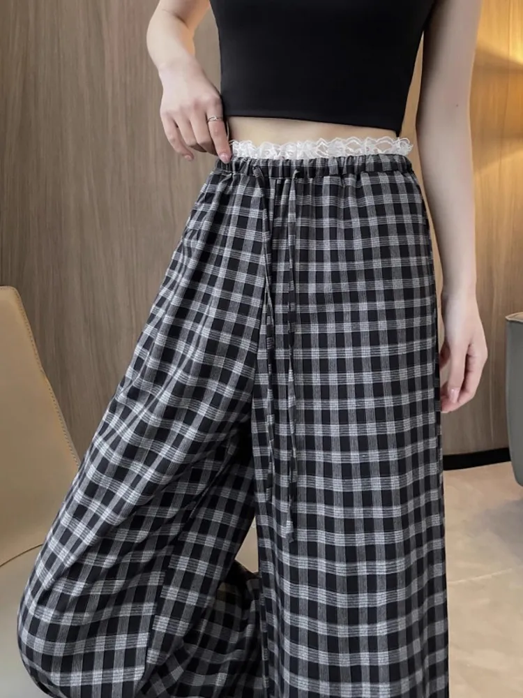 

Женские летние брюки с высокой талией и широкими штанинами из тонкого ледяного шелка в клетку, повседневные, свободные, быстросохнущие, прямого кроя, для прогулок