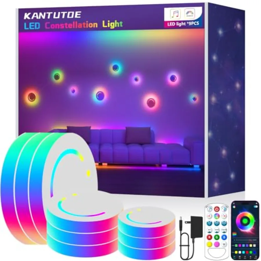 

Умные светодиодные настенные светильники, 9 шт., RGB LED-подсветка с управлением через приложение и пультом ДУ, подсветка для ТВ, синхронизация с музыкой, изменение цвета, атмосферное освещение
