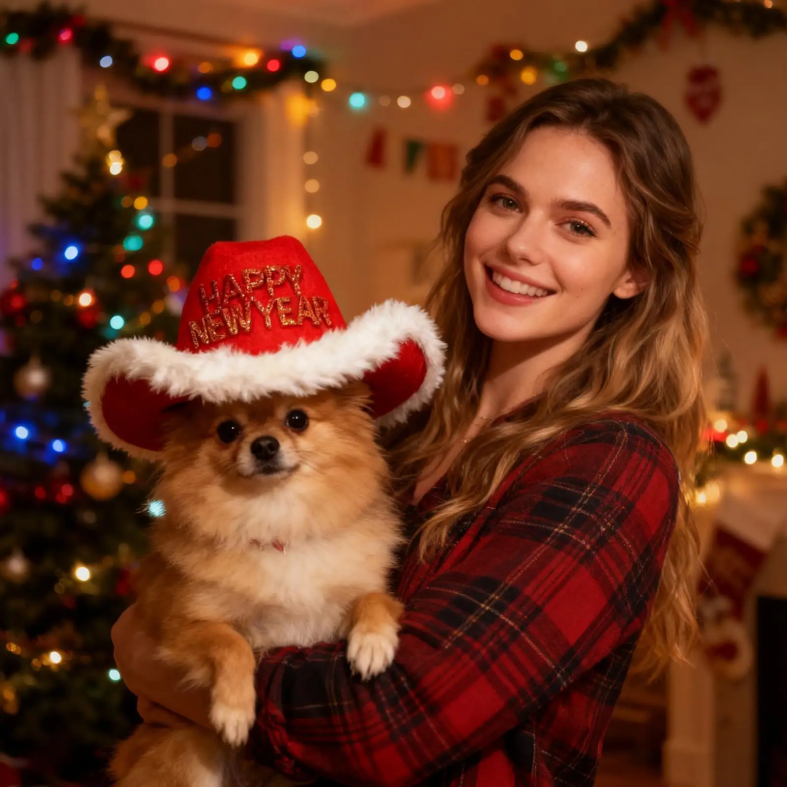 Dog Cowboy Hat Adjustable Clothes Headwear White Plush Trim Design Dog Winter Hat With Christmas Elements For Birthday Party