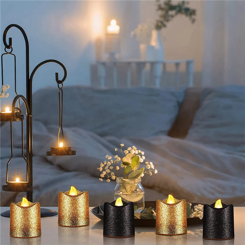 ABUP-48팩 골드 무연 티라이트 검정색 글리터 LED 티라이트 배터리 작동 티라이트 따뜻한 노란색 조명 홀더