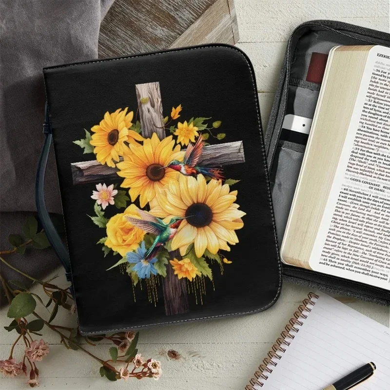 

Sunflower Cross Hummingbird Design Leather Bible Bag for Women Bible Verse Print Ladies Handle Handbag Pretty Bible Cover