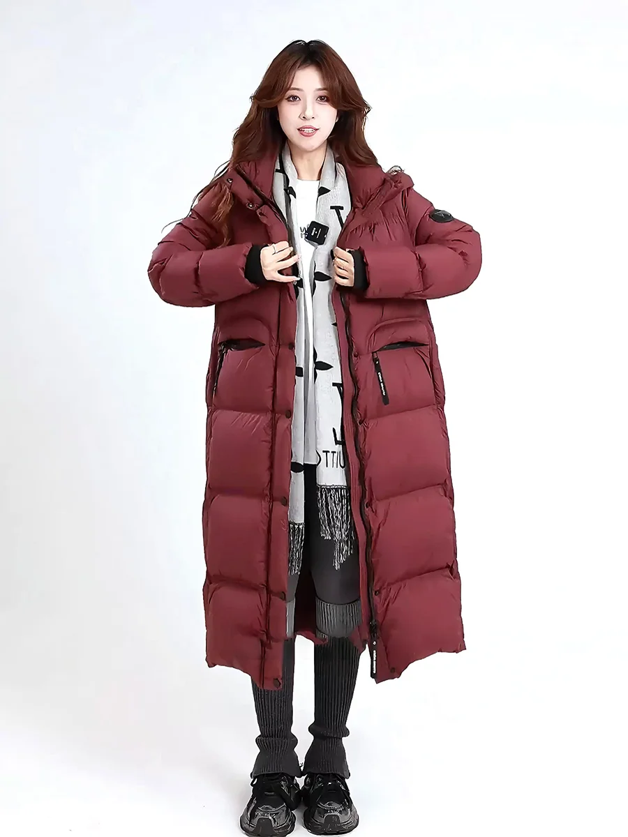 레드 다운 자켓 여성용 겨울 패셔너블 후드 스탠드 칼라 롱 브레드 슬레 코트 따뜻한 캐주얼 슬레 여성 코트