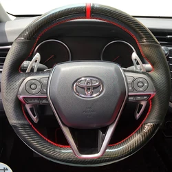 For Toyota Avalon Camry Crown Corolla RAV4 2018-2023 Hand Stitched black Carbon fibre Genuine Leather Car Steering Wheel Cover