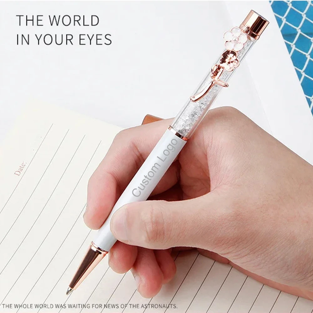 Custom Logo Pen Crystal Quicksand Ballpoint Pen Print Name Flower Pens Gift for Wedding Office School Stationery Rose Gold White