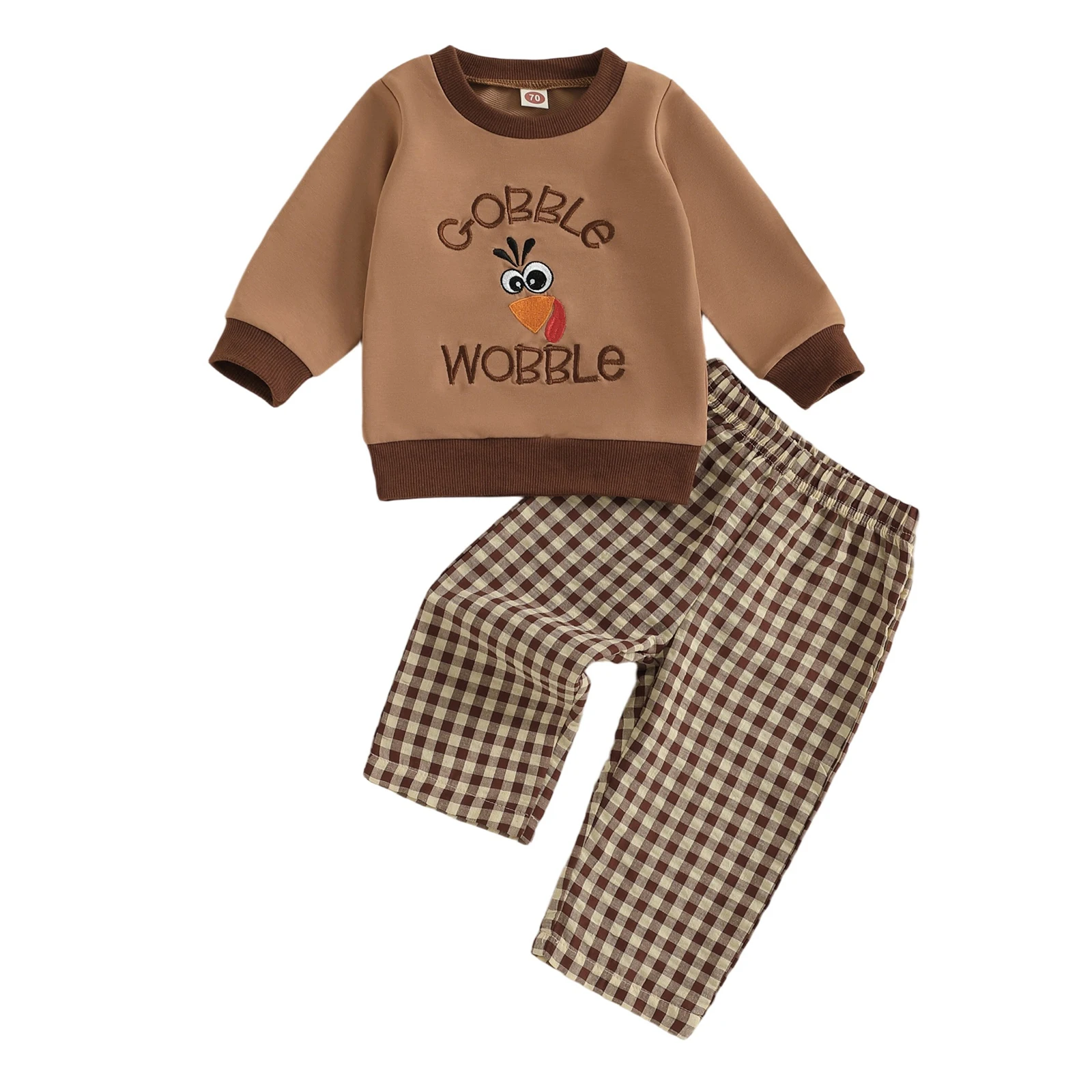 

Осенний ансамбль для маленьких мальчиков, очаровательный свитер с вышивкой в Турции и клетчатые брюки, комплект из двух предметов на День Благодарения