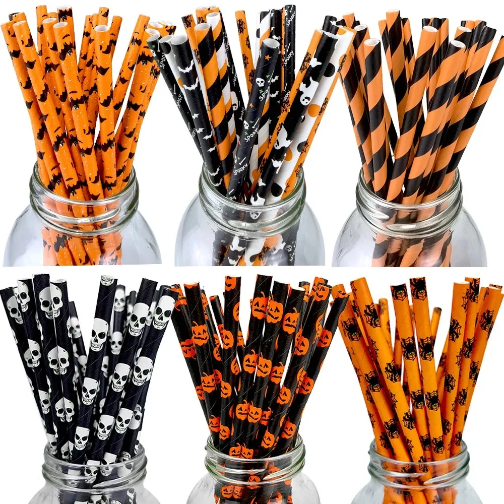 100pcs Halloween Party Favors Paper Straws Black and Orange Party Biodegradable Drinking Stripe Straws for Halloween