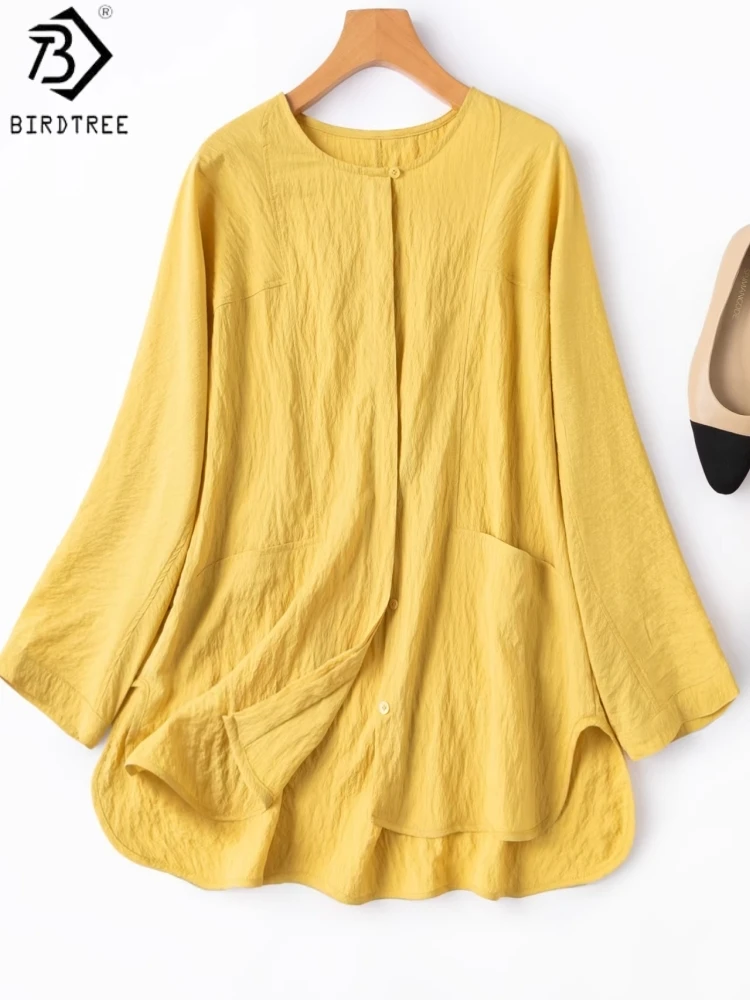 

Birdtree, 76% Silk 24% Nylon Blouse, O-neck Dry Silk Tops, Women's Solid Loose Shirt, Long sleeve, 2026 Spring New T63602JF