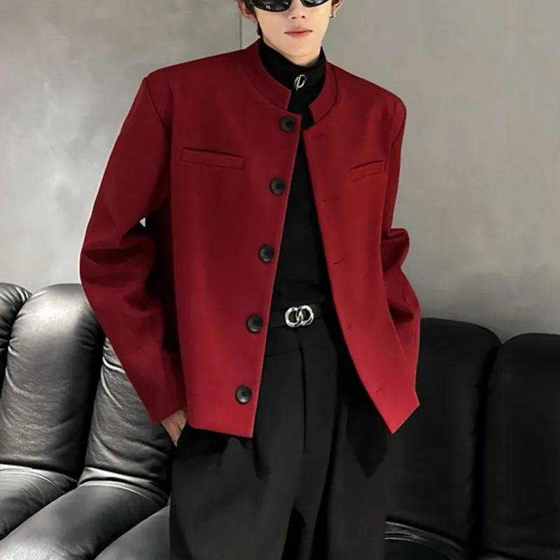 Wine Red Blazers Men Suit Jackets Casual Stand Collar Solid Color Male Short Coats Korean Trendy Men\'s Clothing Autumn New