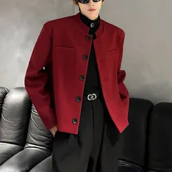 Wine Red Blazers Men Suit Jackets Casual Stand Collar Solid Color Male Short Coats Korean Trendy Men's Clothing Autumn New