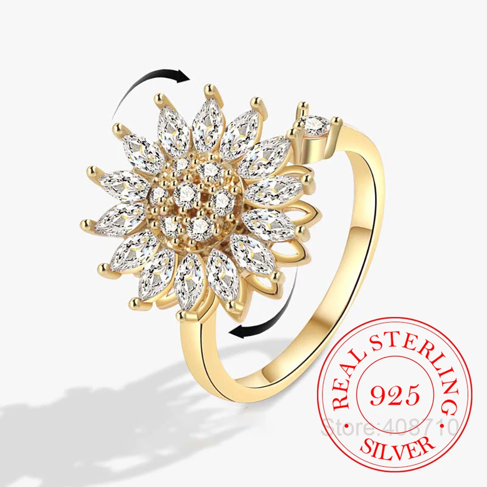 

925 Sterling Silver Zircon Crystal Rotate Sunflowers Spinning Finger Rings For Women Wedding Engagement Party Charm Jewelry