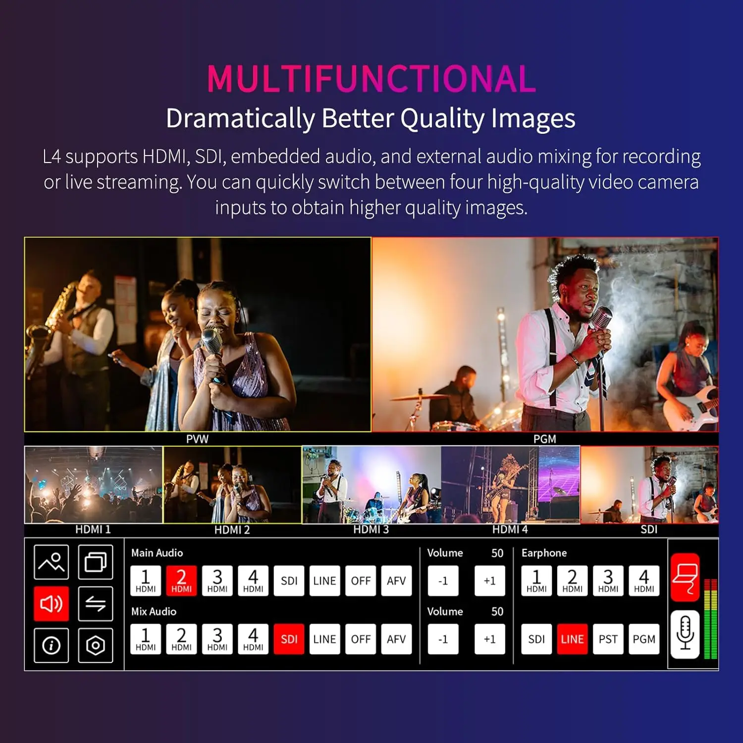 FEELWORLD L4 pengalih Mixer Video, multi-kamera dengan 10.1 inci HDMI multi-kamera HD Video Streaming SDI stasiun siaran