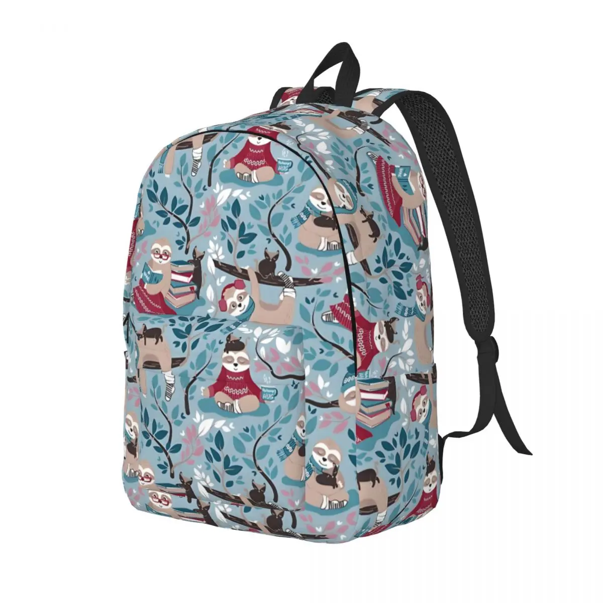 Hygge Small Scale Pale Blue And Red Schoolbag Sloth Boys Lightweight Travel Back To School Gift Zipper Closure Knapsack