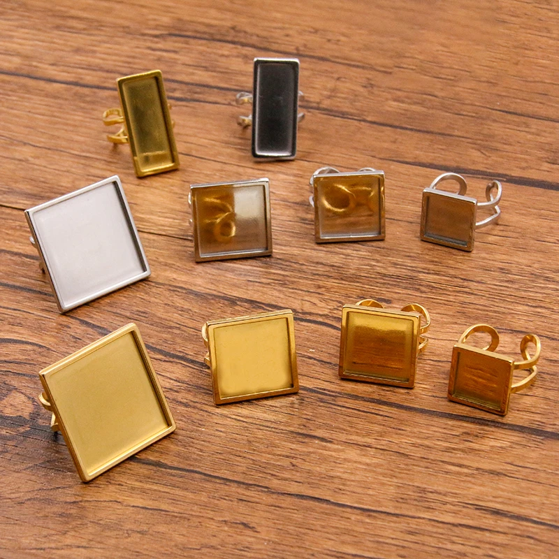 2Pcs Stainless Steel Silver Gold Color Square Rectangle Cabochon Adjustable Rings Bezel Blanks Diy Jewelry Making Accessories