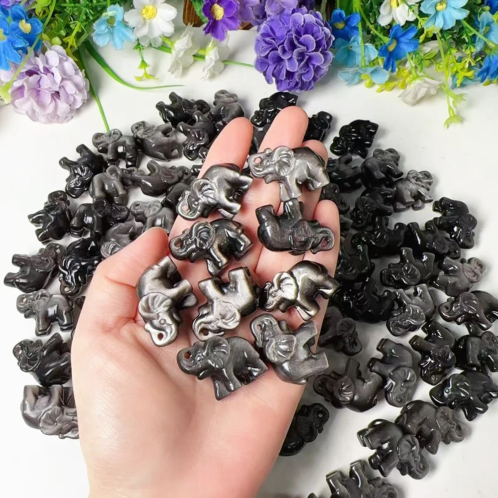 1pc Natural Hand Carved Mini Crystals Animal Figurine Silver Sheen Obsidian Crystal Elephant Crafts