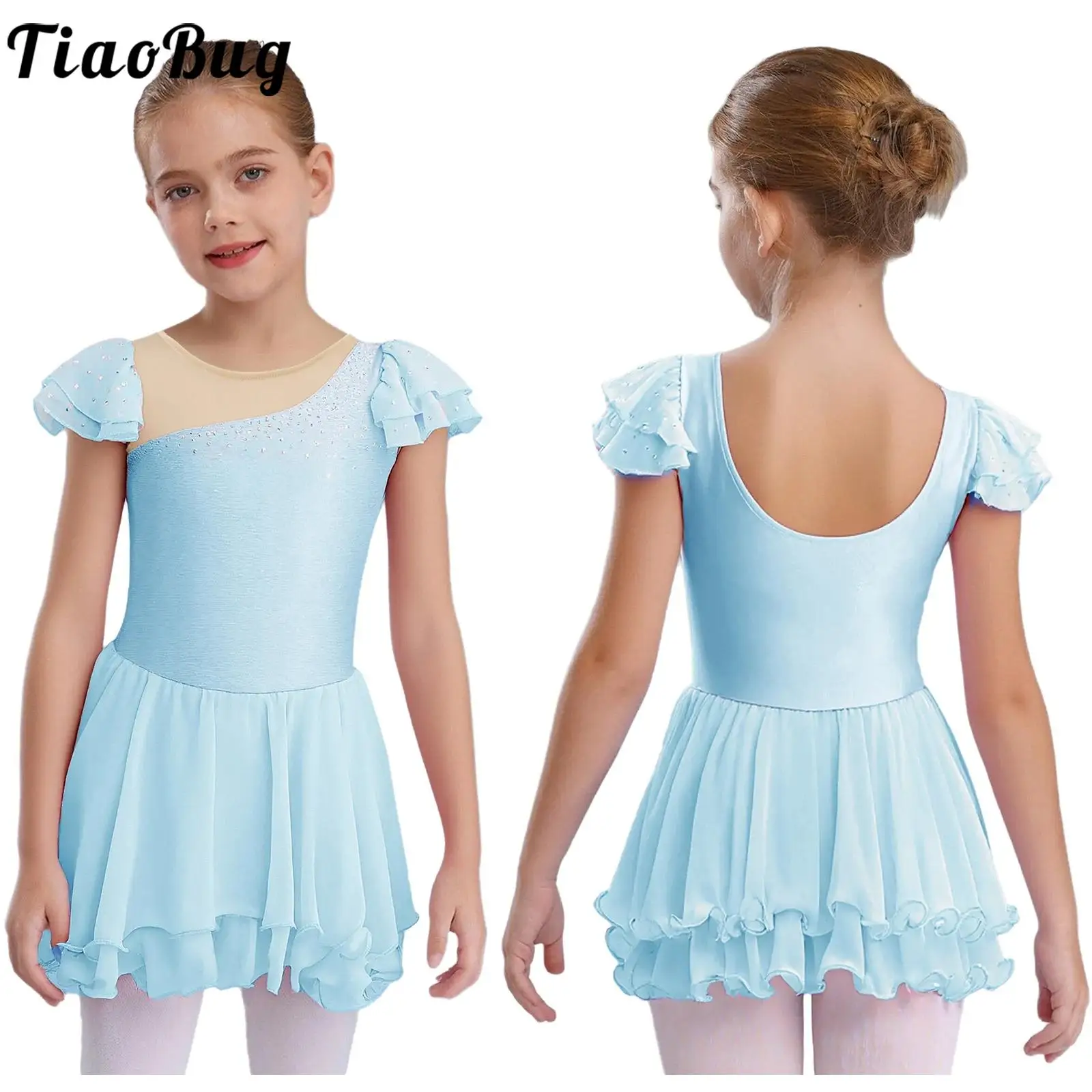 

Teen Girls Leotard Ballet Dance Dress Bodysuits Dancewear Patchwork Mesh Hem Rhinestones Tutu Dress for Performance Competition