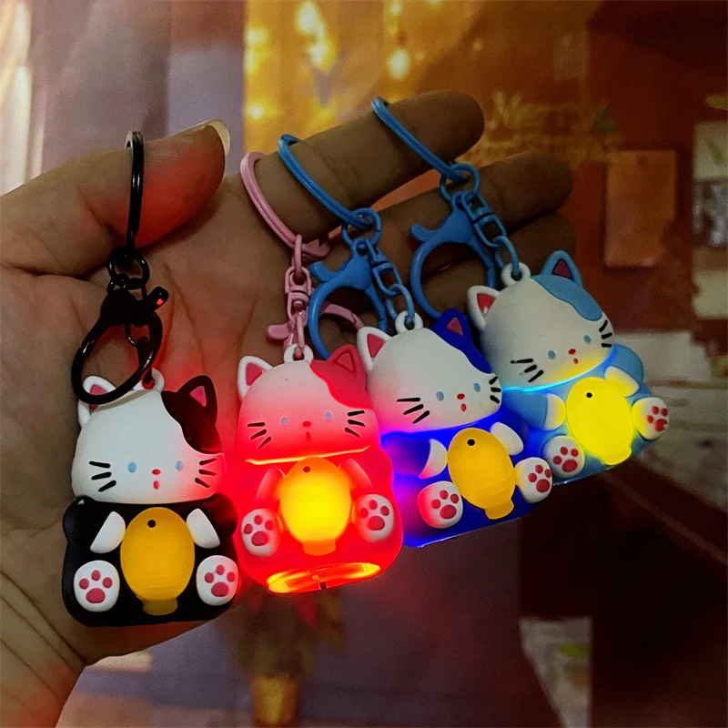 Cartoon Cute Creative Luminous Cat Keychain Pendant Trendy Personalised Fortune Cat Car Key Chain Backpack Decoration Small Gift