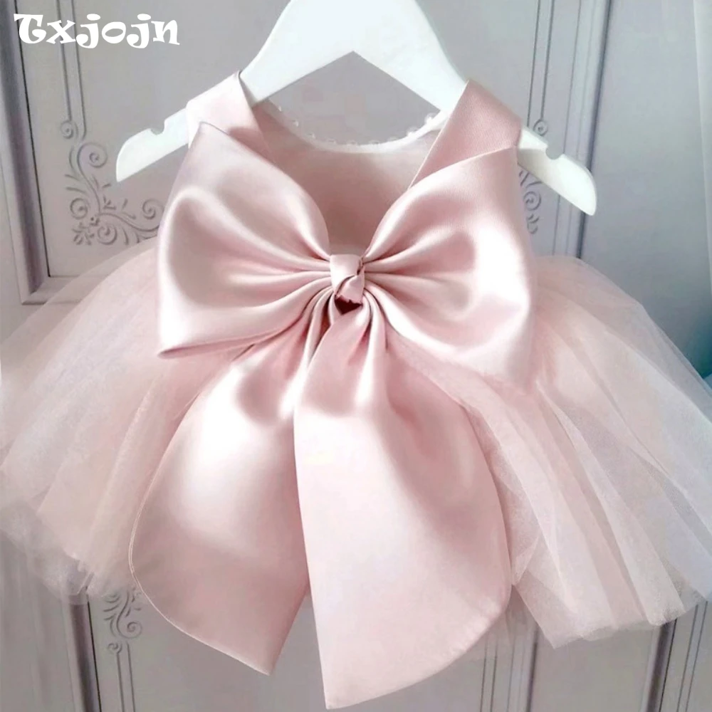 

Charming Pink Bow Ball Gown Kids Wedding Party Clothes Puffy Tulle Pearls Flower Girls Dresses For Wedding Customized