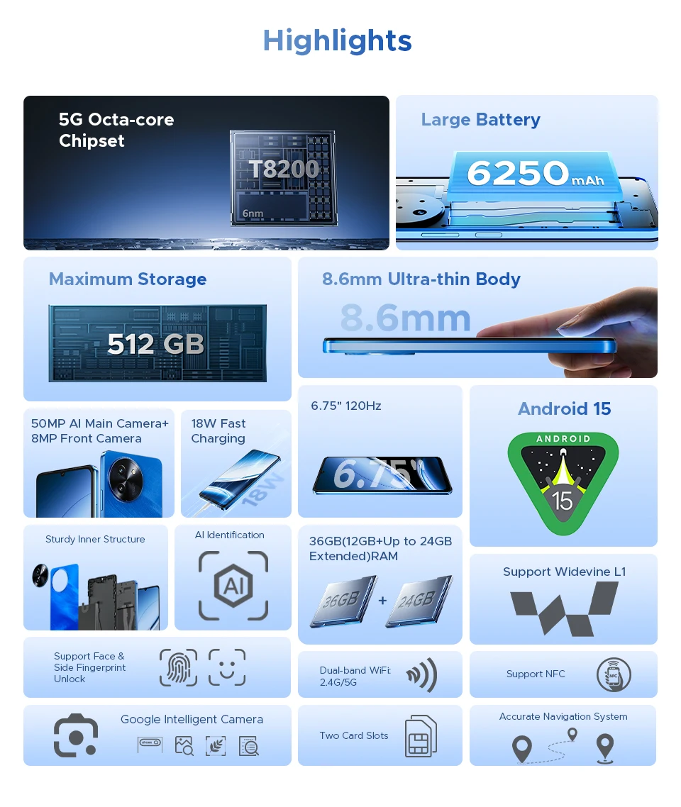 DOOGEE Note59 Pro+ 5G Smartphone Android 15 Global Version 6250mAh Battery 6.75'' 120Hz Display 12GB 512GB Mobile Phone NFC