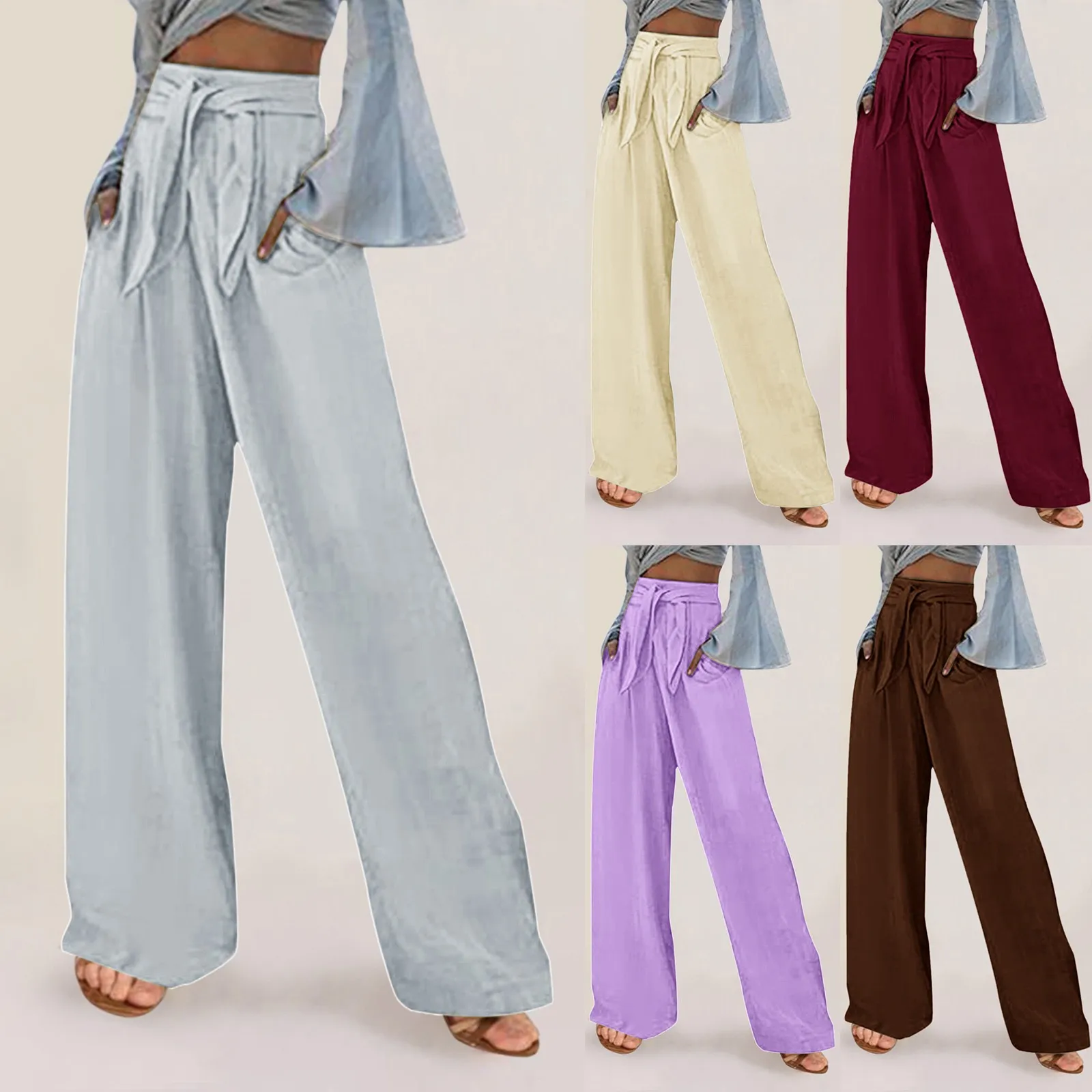 

Women's Casual Solid Color Loose Pockets Belt Elastic Waist Long Trousers Temperament Wide Leg Pants For Women