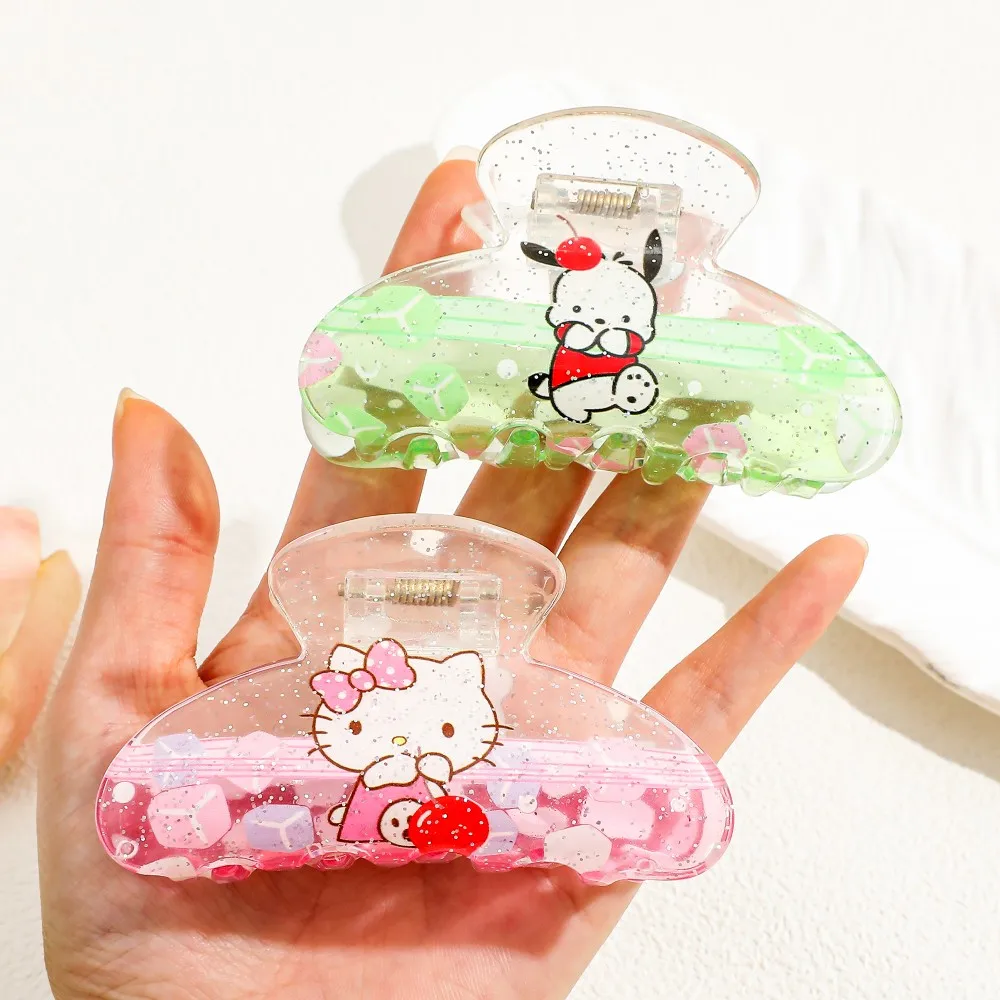 مشابك شعر لامعة شفافة تتميز بمي ميلودي وردي، كورومي أرجواني، بوشاكو أخضر، وشخصيات كرتونية هالو كيتي الوردية