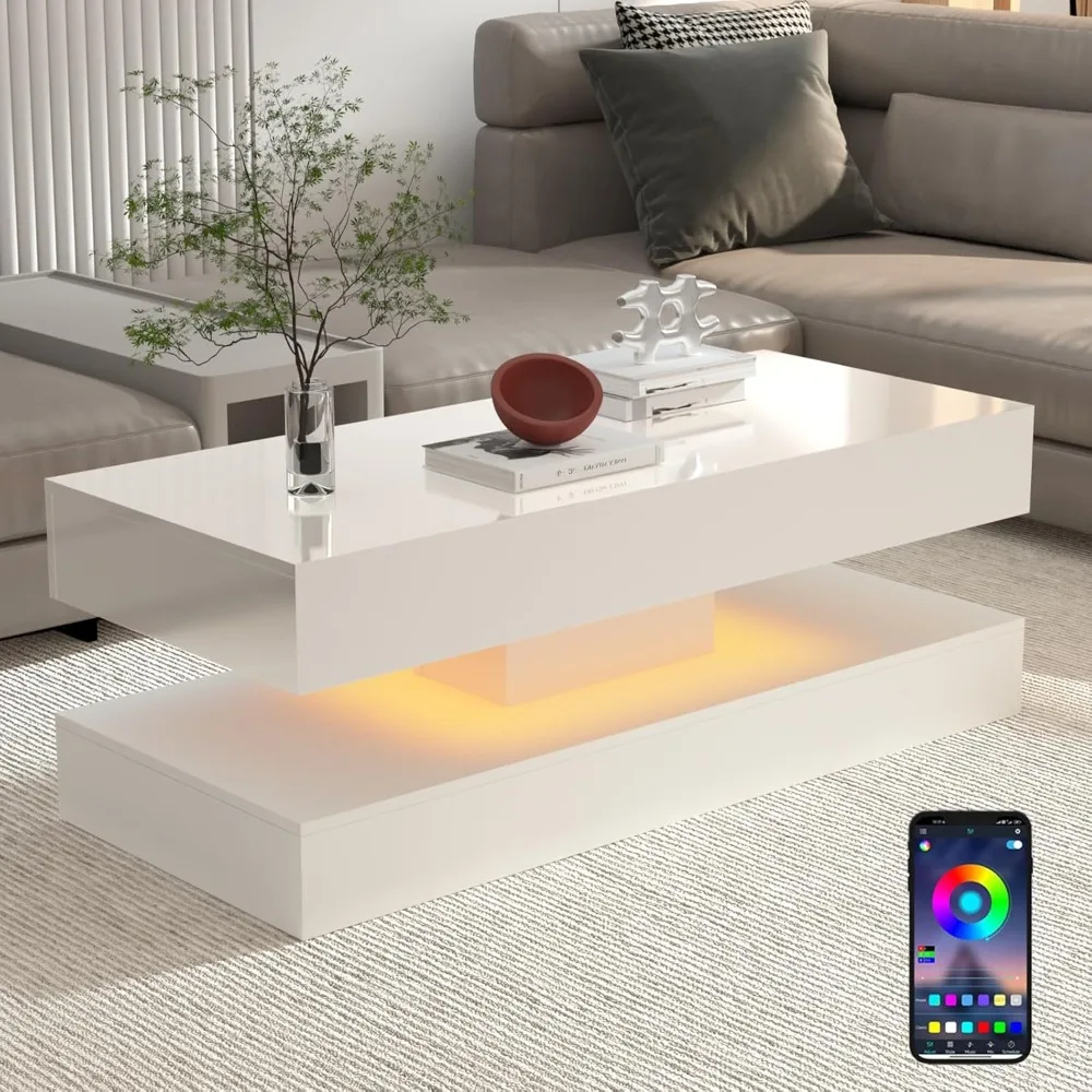 Coffee Table, 47.3IN High Glossy LED Coffee Tables,APP LED Lights, Modern Furniture for Living Room, Coffee Table