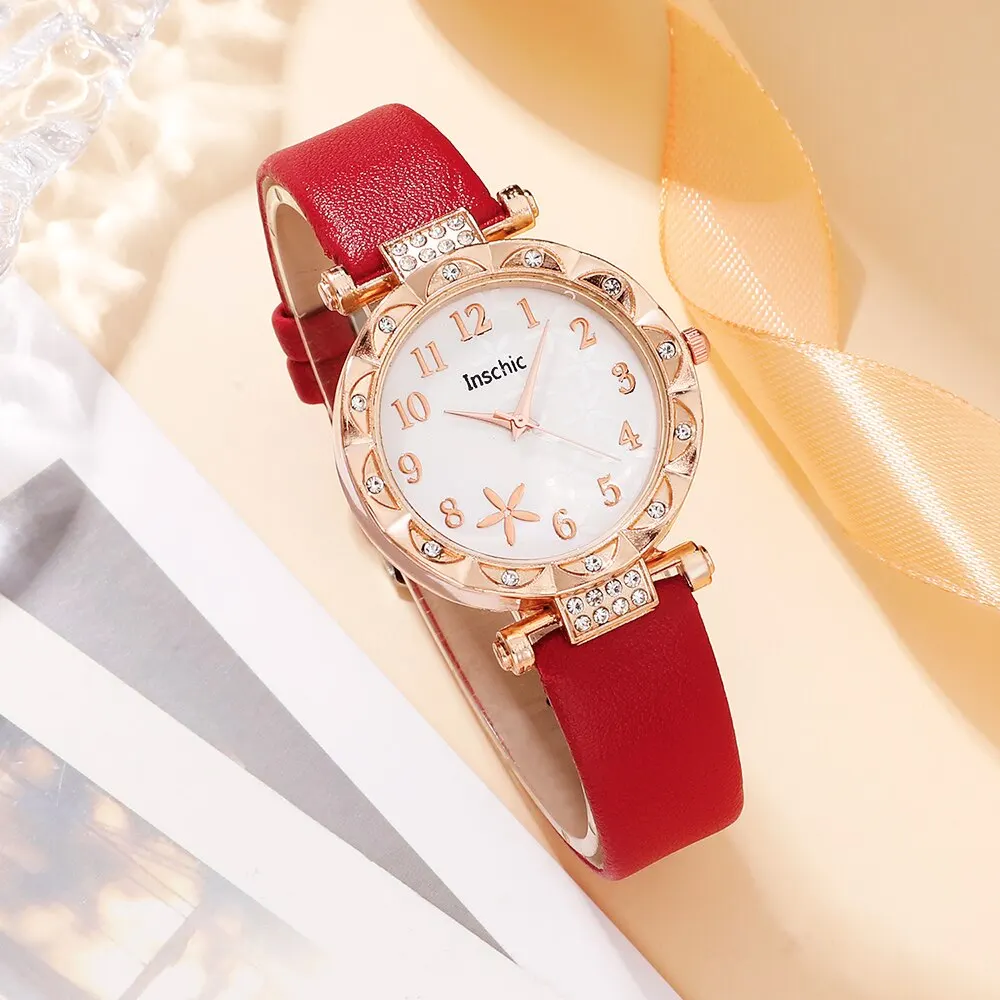 6PCS Set Red Luxury Quartz Watch Women Ring Necklace Earring Rhinestone Fashion Wristwatch Casual Ladies Bracelet Watches