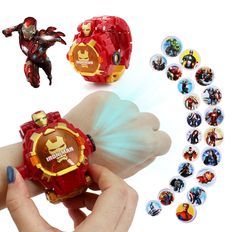 Disney Iron Man Captain America Toy Watch Deformation 21 Projection Watch Kids Digital Clock Student Wristwatches Birthday Gift