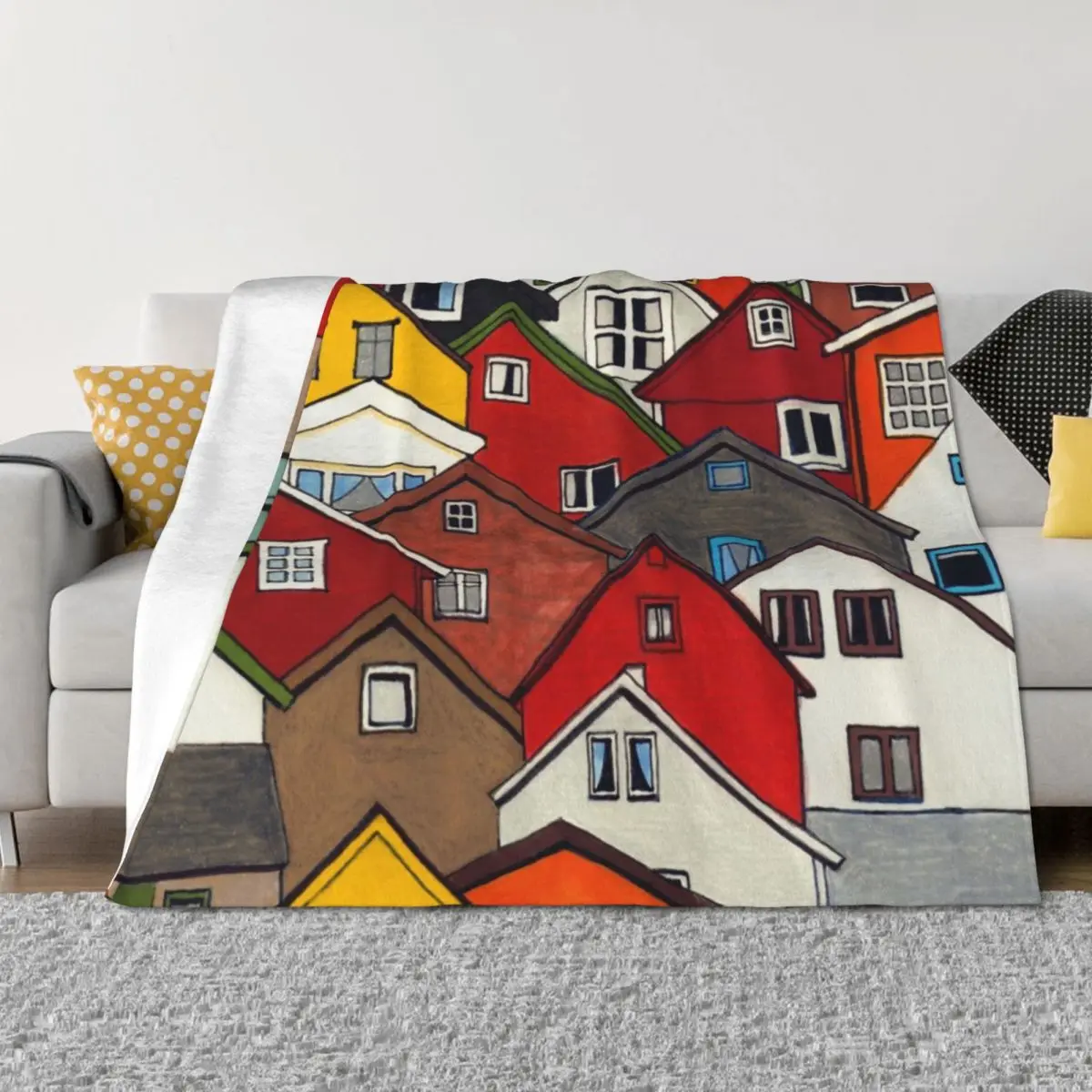 

Colourful Houses Throw Blanket Plush valentine gift ideas Luxury Designer Blankets