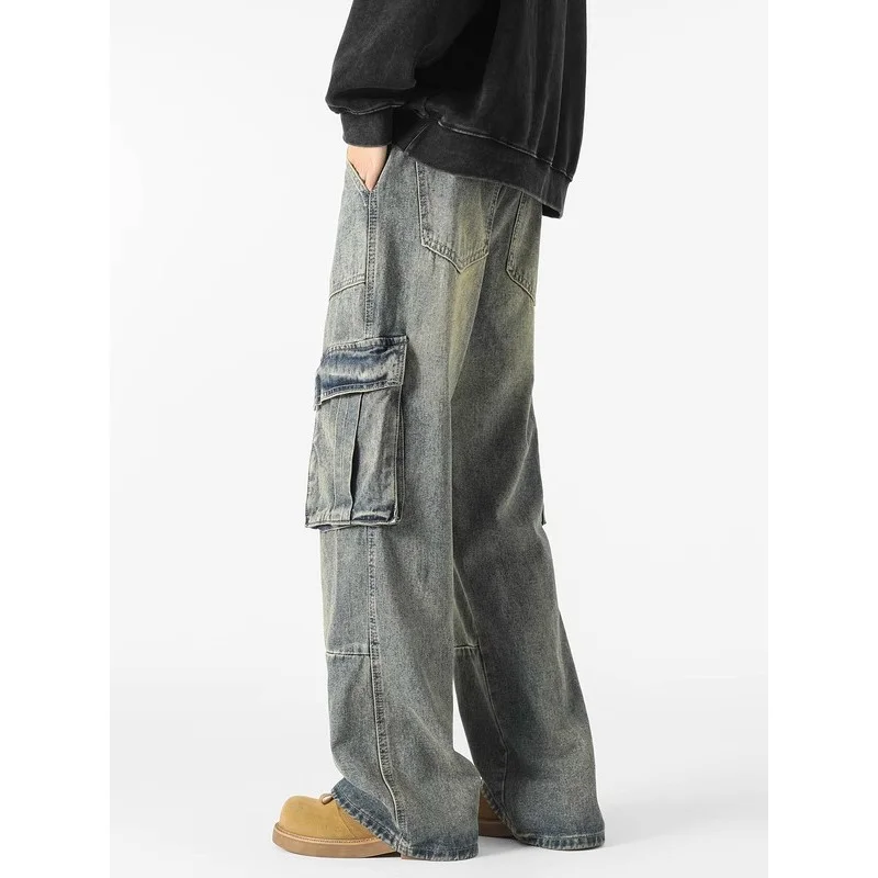 GIOIOMen's Cargo Jeans, Four Seasons American Multi-Pocket Loose Straight Wide Leg Denim Herrenhose