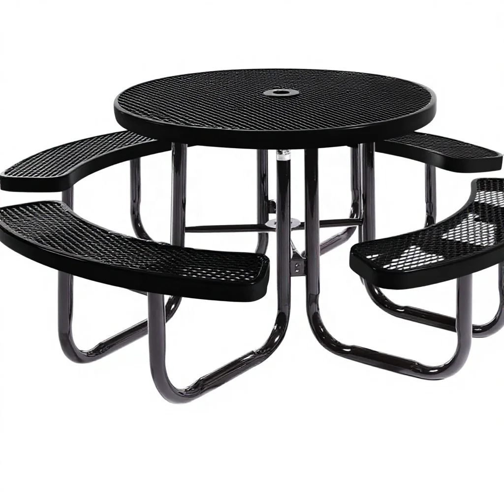 Coated Industrial Design Heavy-Duty Portable Outdoor Picnic Table Umbrella Hole Expanded Metal Stain Resistant Patio Table