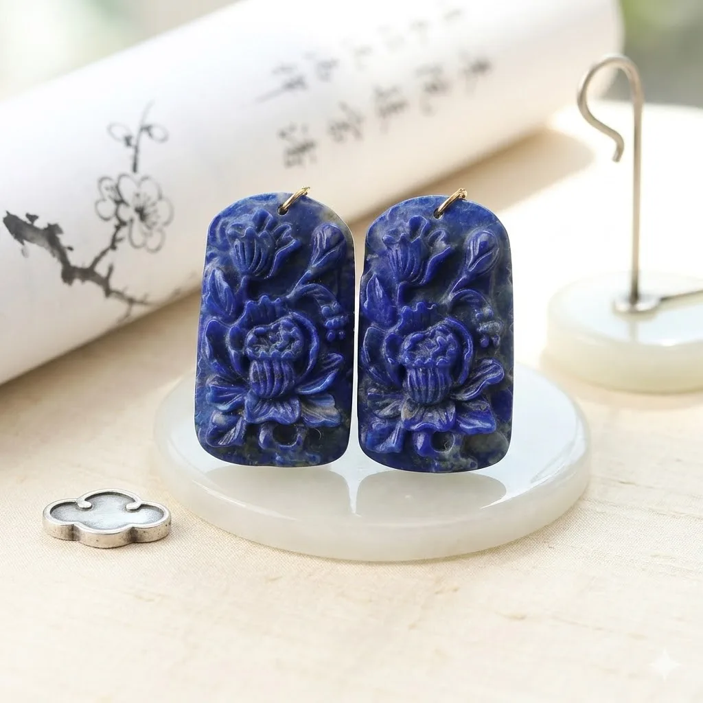 elegant-lapis-lazuli-floral-carving-32x18x5mm-pendant-beads-pair-natural-gemstone-for-diy-earring-and-pendant-accessories