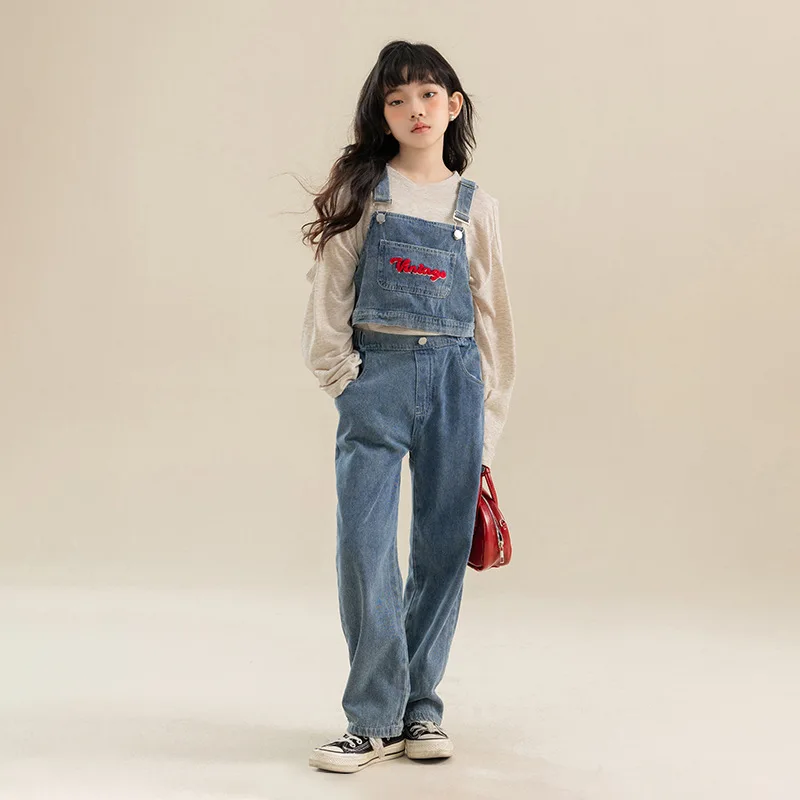 Children Denim Backpack Pants Two-piece Set for Girls, Autumn Casual Autumn Clothing for Adults