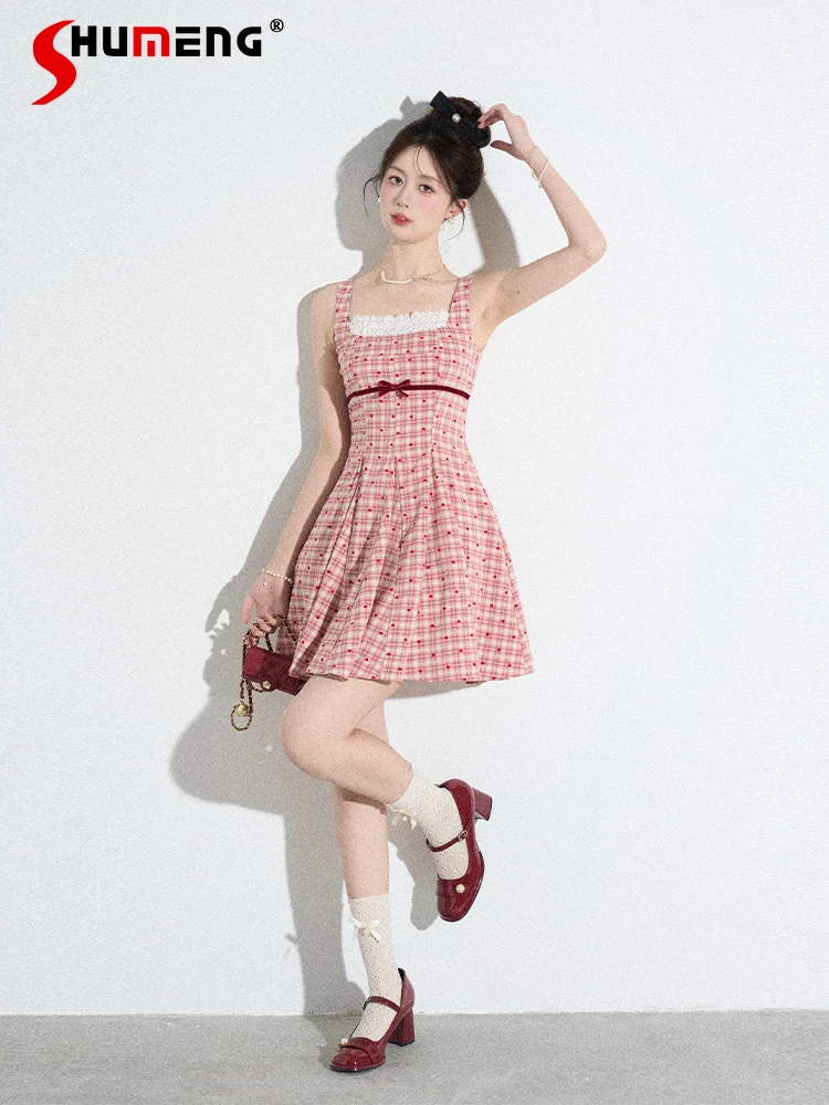 

Sweet Cute Kawaii Girl Plaid Mini Dress Summer Square Neck Sleeveless Bow Red Heart Dot High Waist A-line Pink Short Dress Women