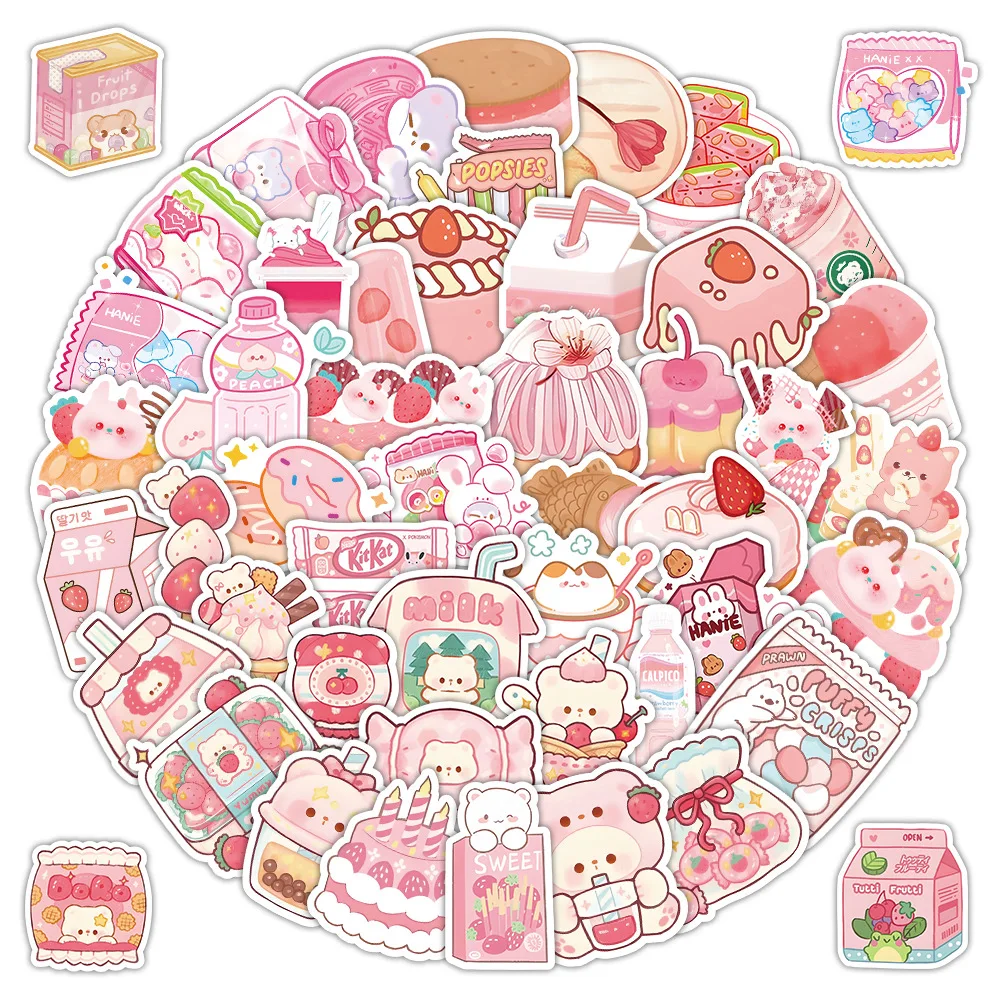 

63PCS Cartoon Pink Snack Graffiti Sticker DIY Decoration Children's Toys Gift Stickers Mobile Phone Case Notebook Skateboard