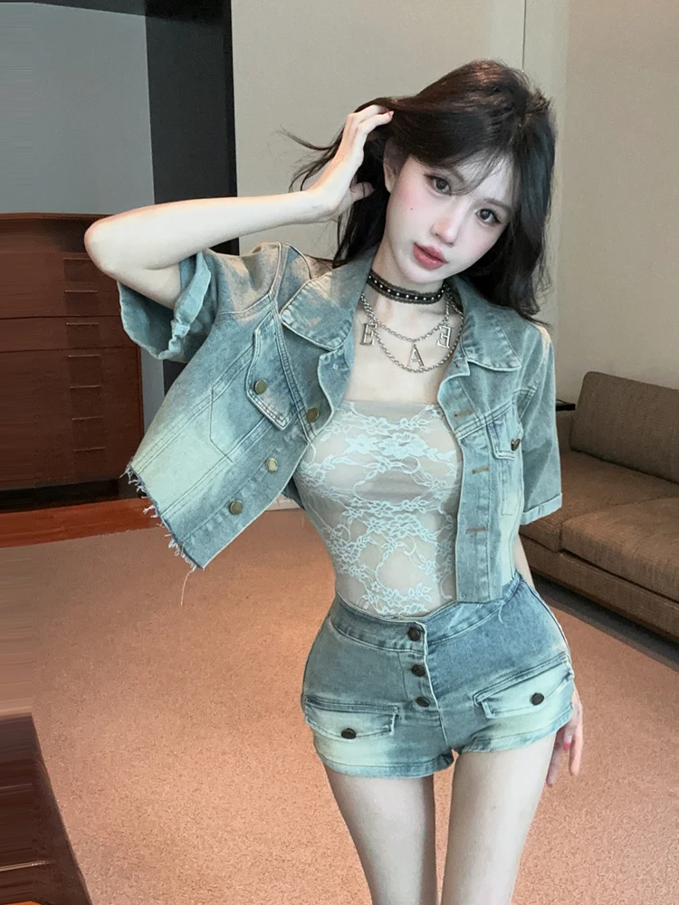レトロセクシーなレースのボディスーツデニムヴィンテージオープ - Vintage Fashion Retro Outfit のレビューと価格