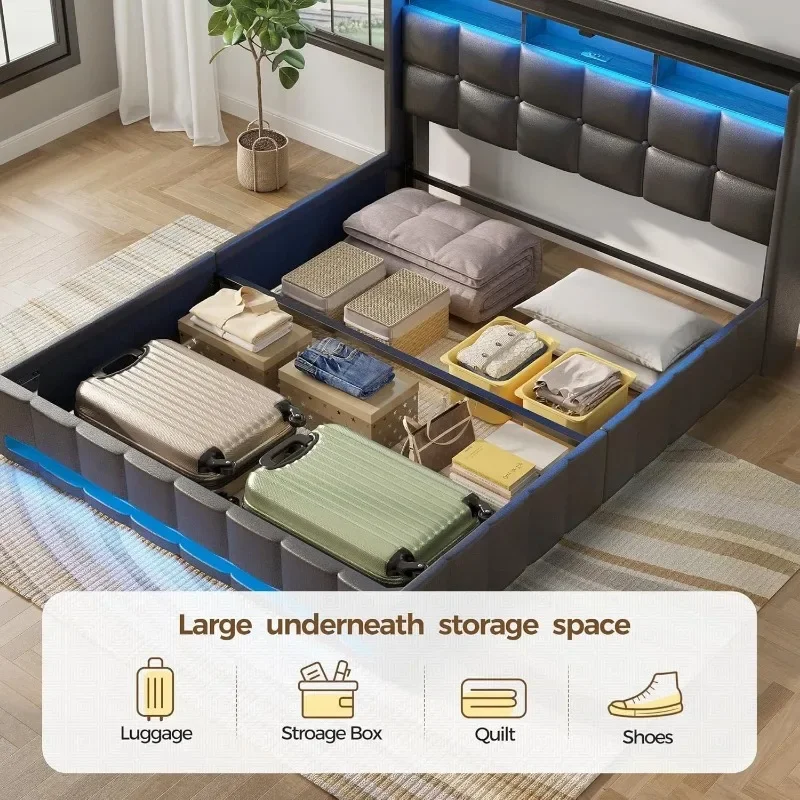 Marco de cama tamaño doble con almacenamiento elevable, estación de carga y luces LED, cabecero de almacenamiento tapizado, listones de madera resistentes