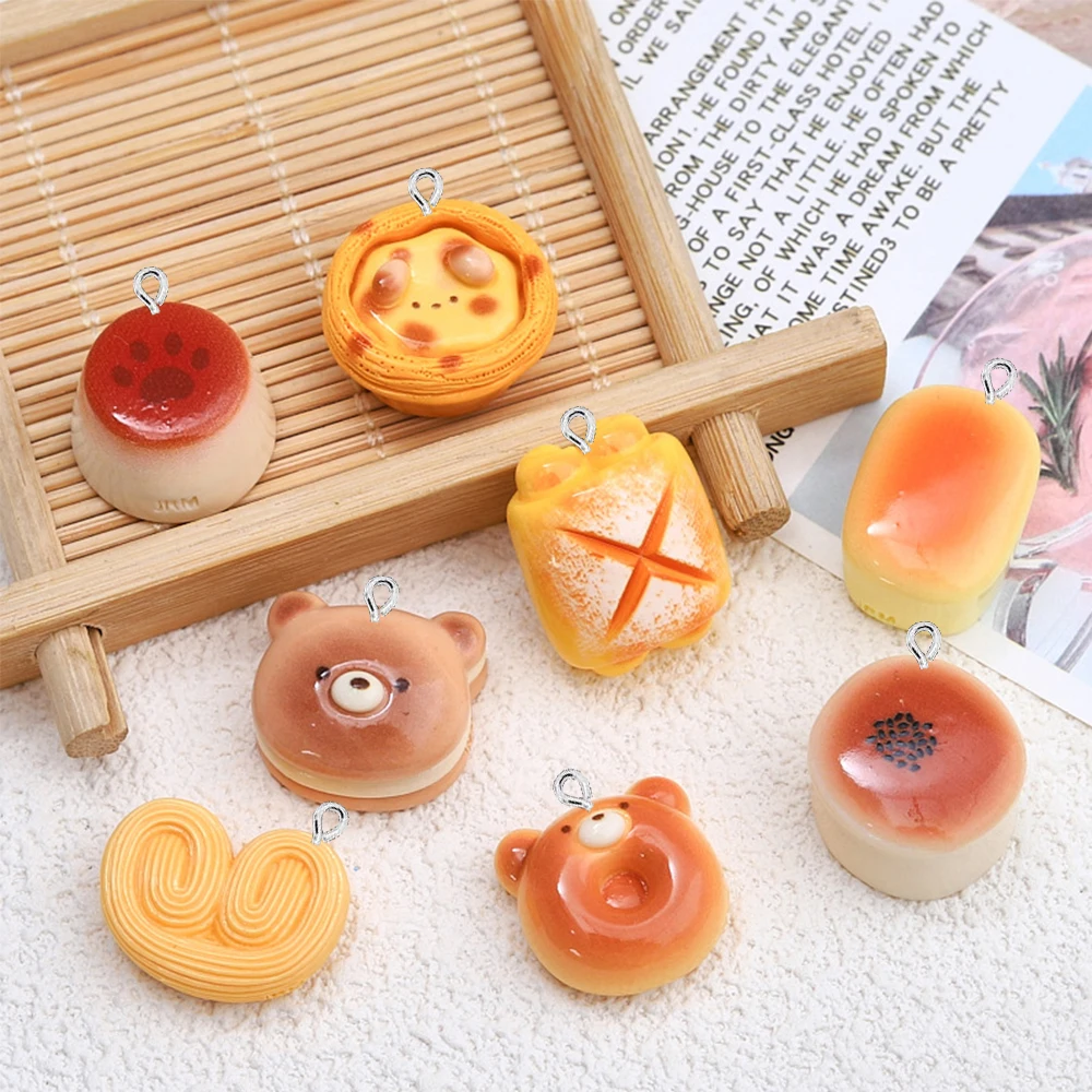 10PCS Shiny Cartoon Bear Bread Series Flat Back Charms For Earrings Bracelet Hairpin DIY Jewelry Pendants Decoration Accessories