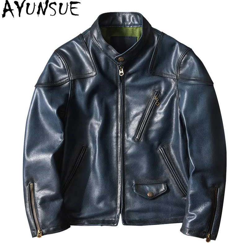 

AYUNSUE 1.5mm Thick Vintage Brushed Top Layer Cowhide Jacket Men Stand Collar Short Motorcycle Coat Retro Genuine Leather Coats