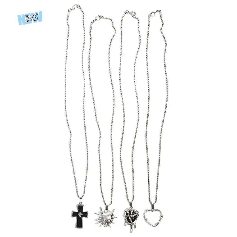 

4PCS Gothic Style Thorn Love Necklace Set Prayer Personality Cross Necklace Set Halloween Style Crucifix Pendant Chain Men
