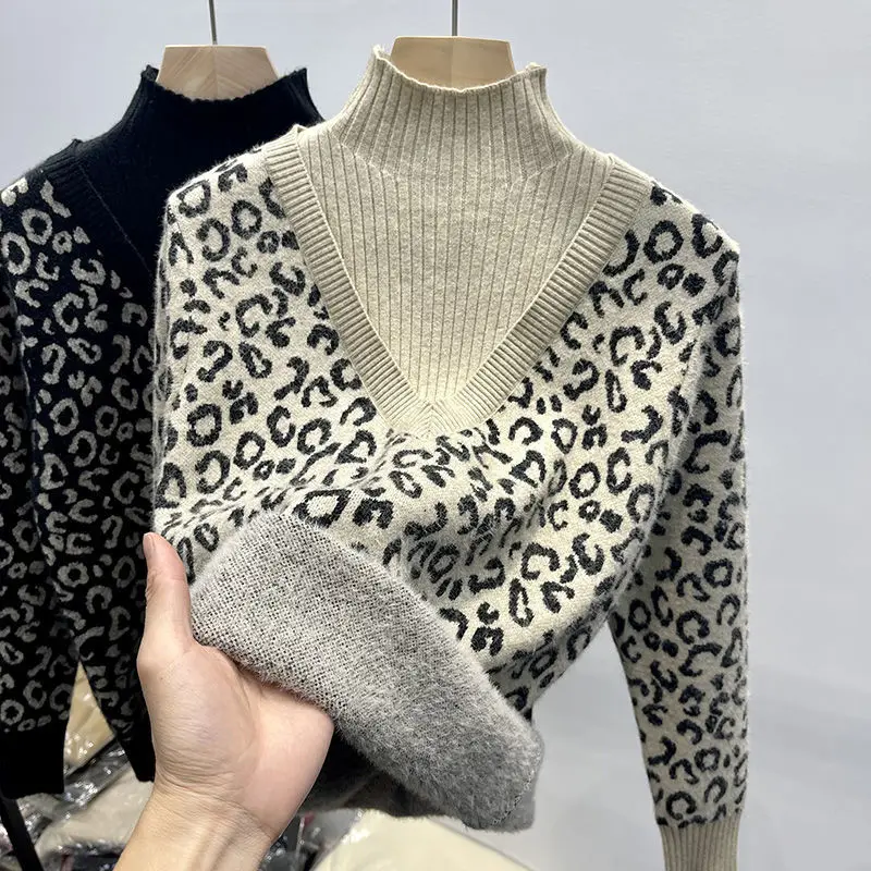 Autumn Winter Half High Collar Fake Two Pieces Spliced Sweaters Vintage Leopard Printed Knitted Tops Women's Clothing Jumpers