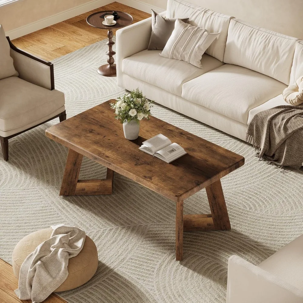 طاولة القهوة، طاولة مركزية للمزرعة بأرجل على شكل حرف V، 47.2 × 23.6 بوصة طاولات غرفة المعيشة المستطيلة، سهلة التجميع، روس #6