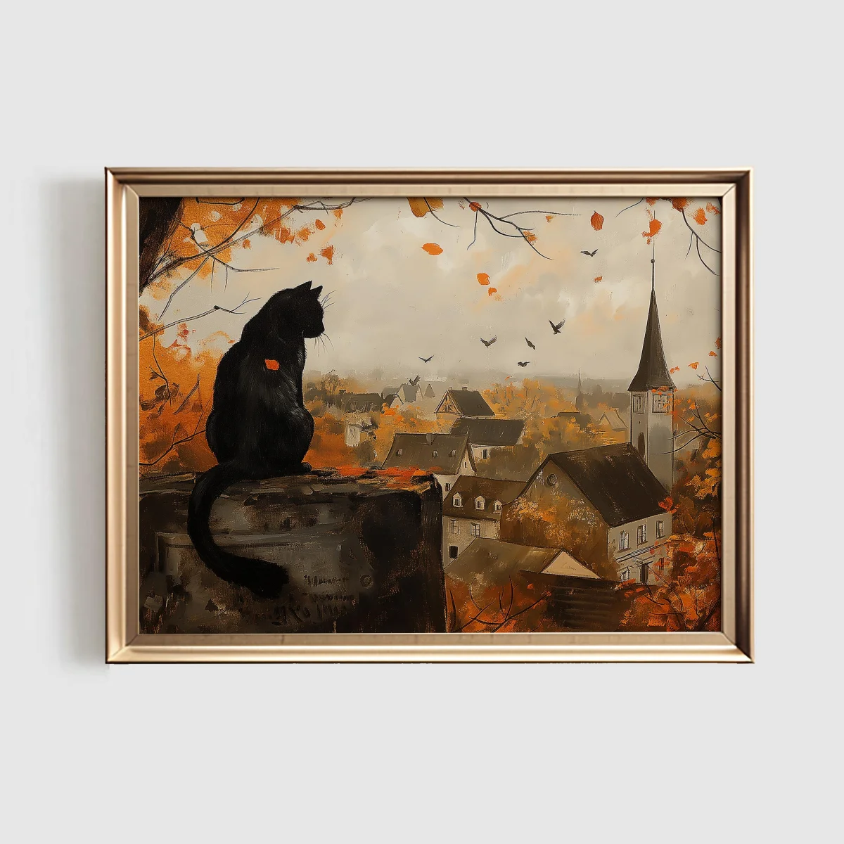 Black Cat Looking Over Autumn Town Canvas Prints Poster Dark Fall Halloween Art Prints Fall Wall Art Home Decor Art Poster