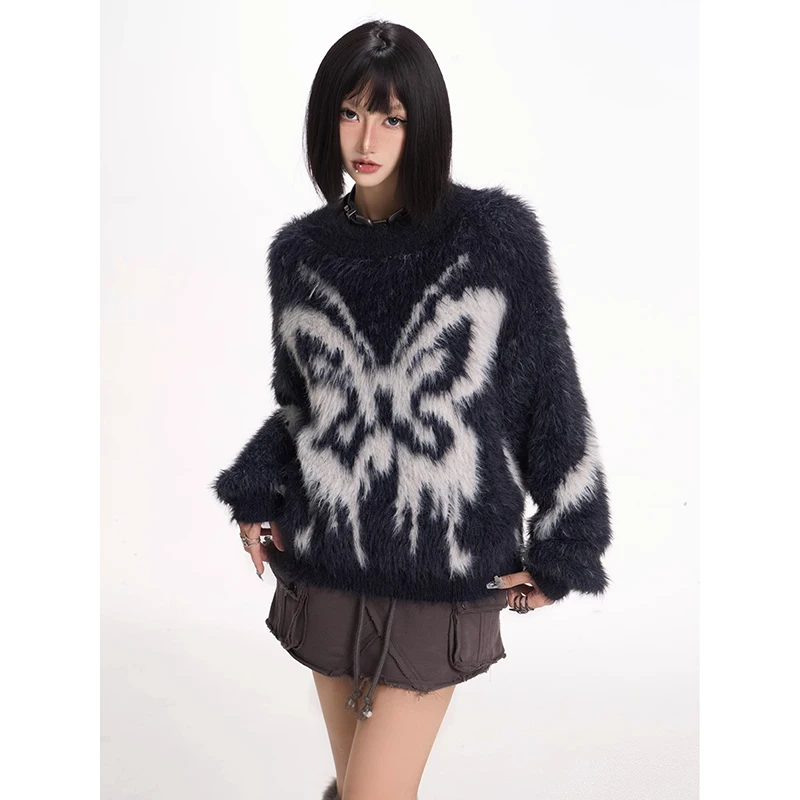 Y2k Hip Hop Street Knitted Sweater American Vintage Butterfly Jacquard Pullover Autumn Harajuku Sweater Women's Top