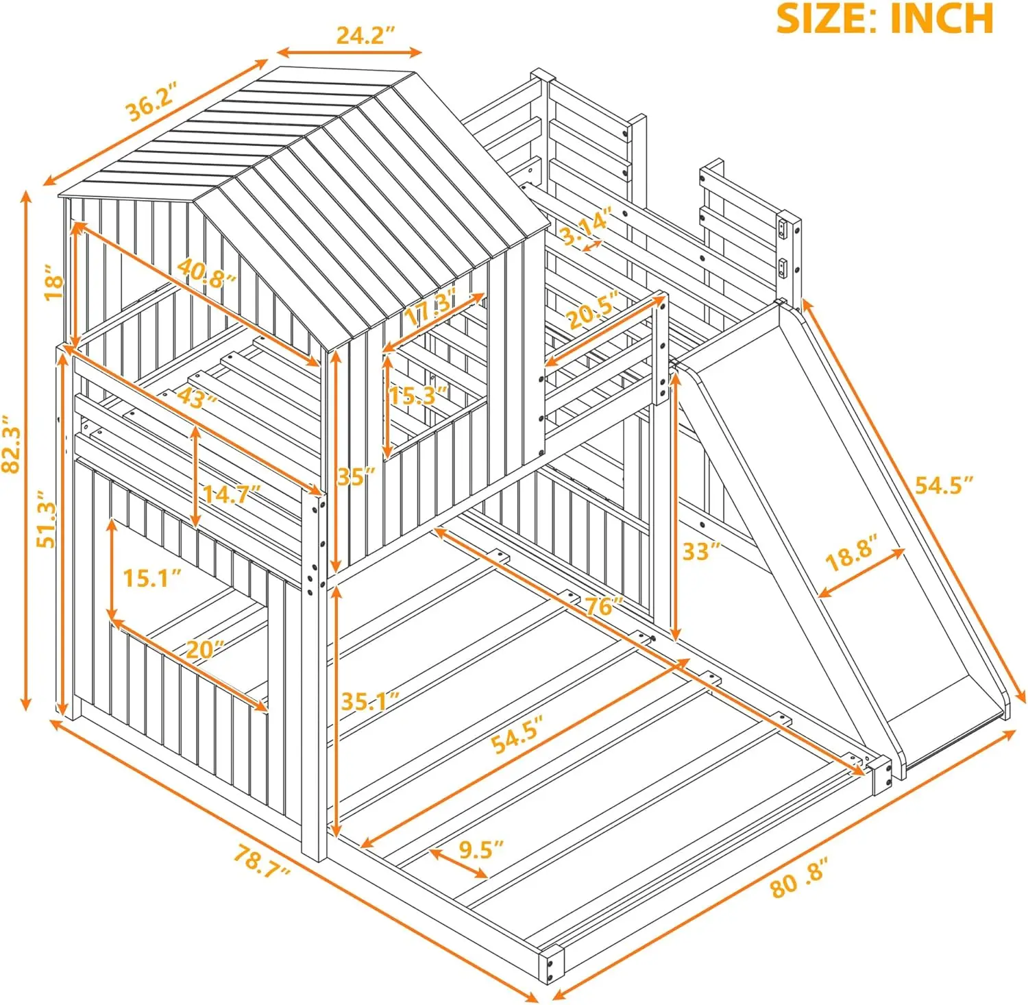 Twin Over Full Bunk Bed Frames Loft Bed with Slide, House Roof, Window and Safety Guardrails for Boys or Girls, Gray