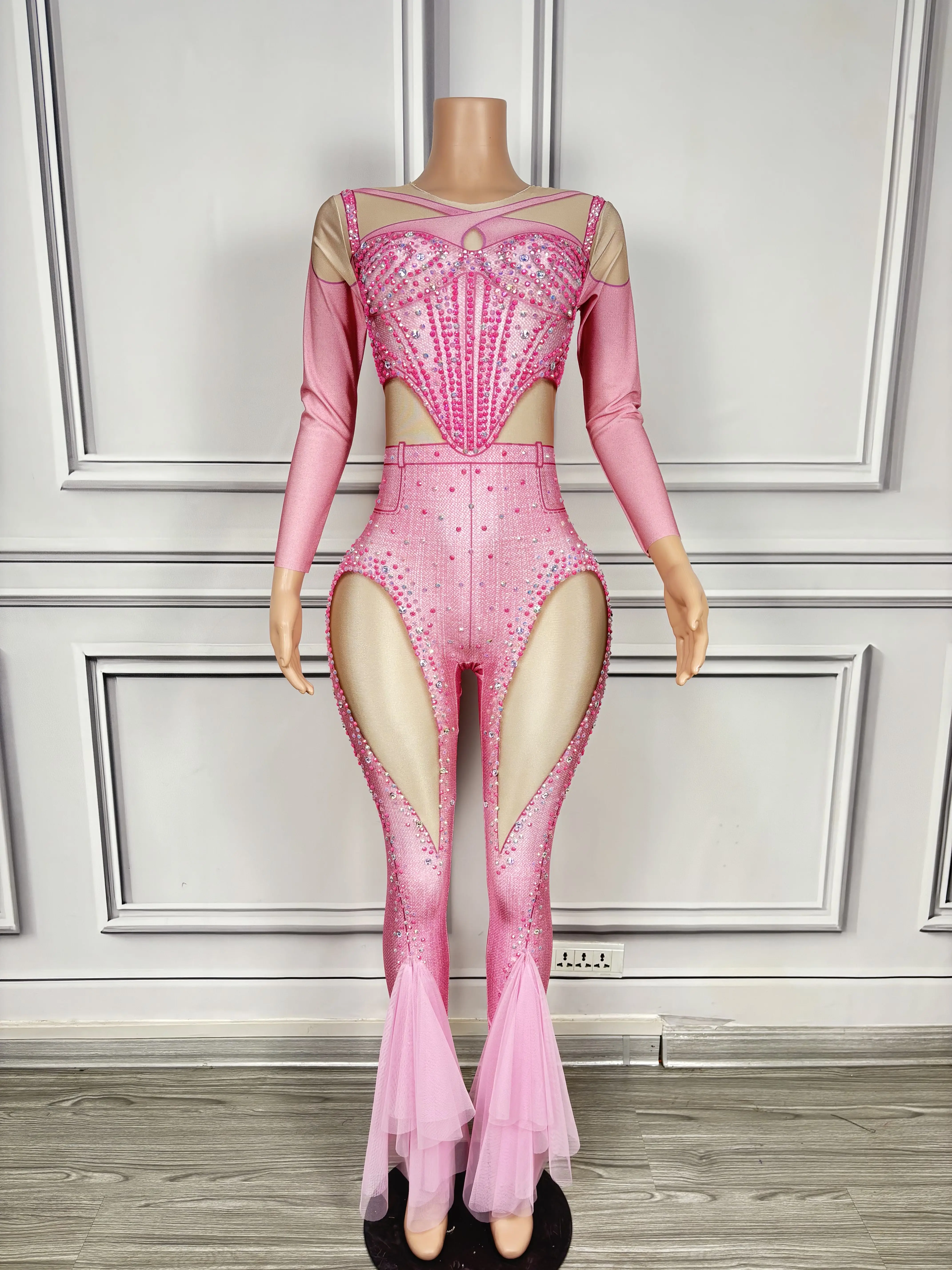 

New Pink Clothing Sexy Showgirl StripperDancewear Leotard Long Sleeve Lady RomperWomen Crystal Club Bodysuit Bodycon D136