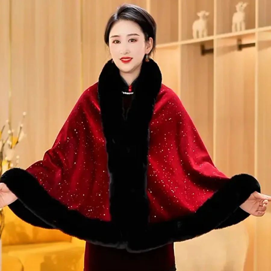 

Women Faux Rabbit Fur Collar Loose Poncho Shinny Sequin Cape Big Pendulum Outstreet Winter Warm Velvet Thicken Shawl Coat